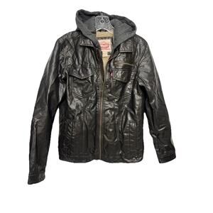 Levis Jacket Boys XL 15-16 Brown Faux Leather Sherpa Lined Hooded Heavy Red Tab